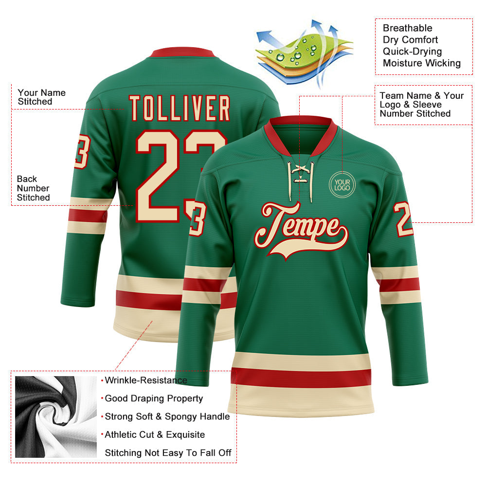 Custom Kelly Green Cream-Red Hockey Lace Neck Jersey view 3