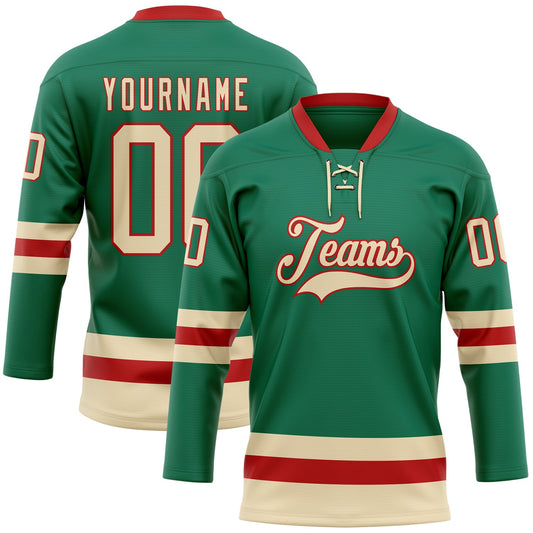 Custom Kelly Green Cream-Red Hockey Lace Neck Jersey - Main View
