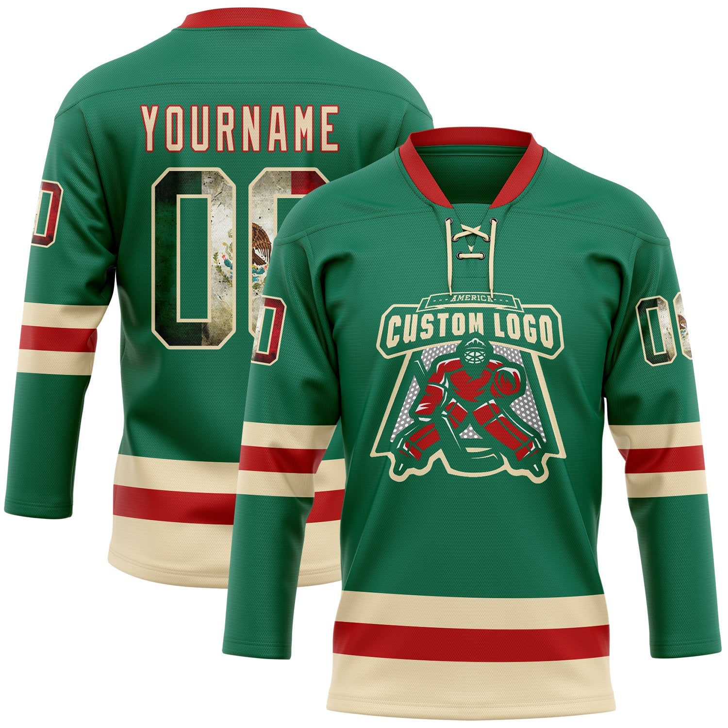 Custom Kelly Green Vintage Mexican Flag Cream-Red Hockey Lace Neck Jersey view 2
