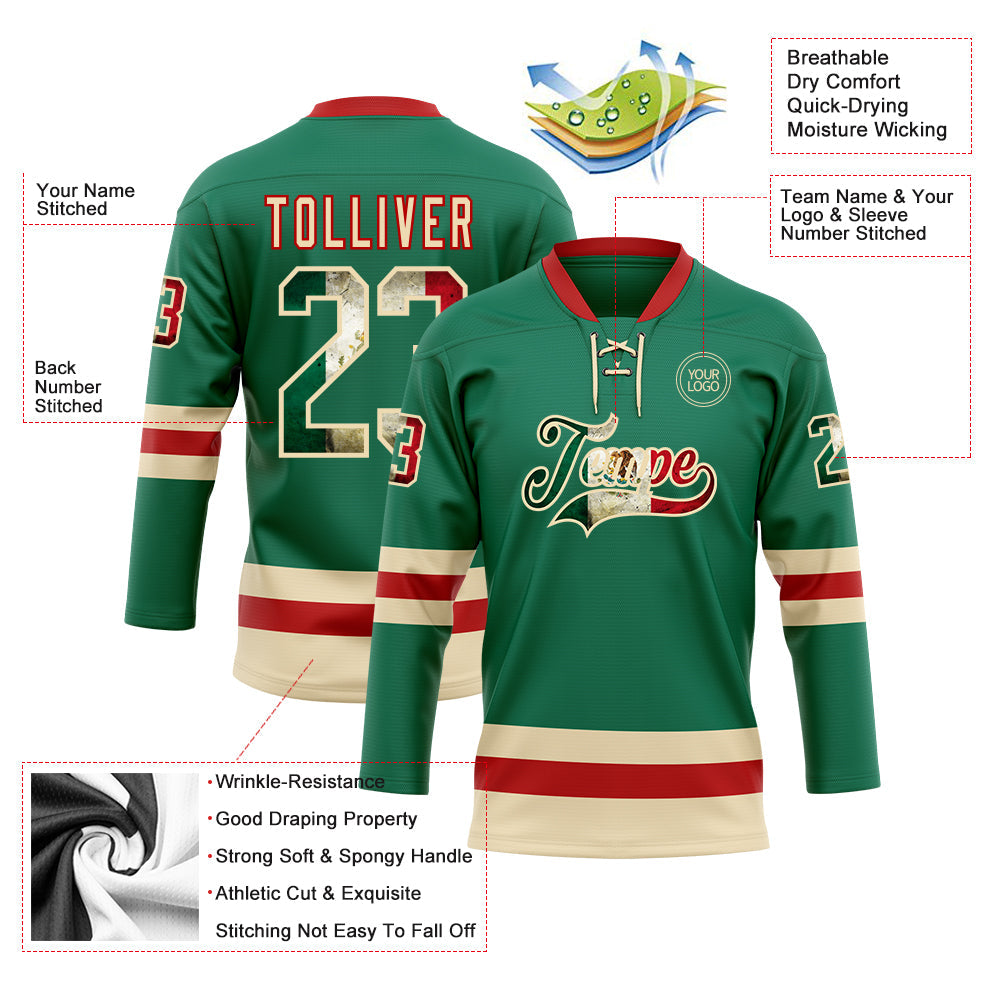 Custom Kelly Green Vintage Mexican Flag Cream-Red Hockey Lace Neck Jersey view 3
