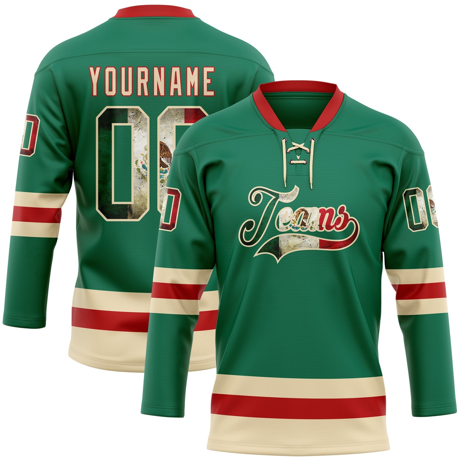 Custom Kelly Green Vintage Mexican Flag Cream-Red Hockey Lace Neck Jersey - Main View