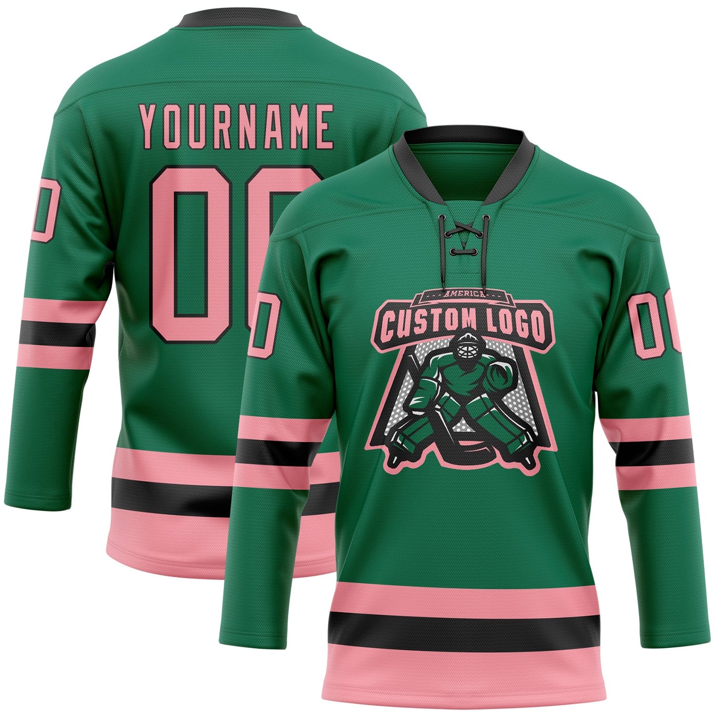 Custom Kelly Green Medium Pink-Black Hockey Lace Neck Jersey view 2