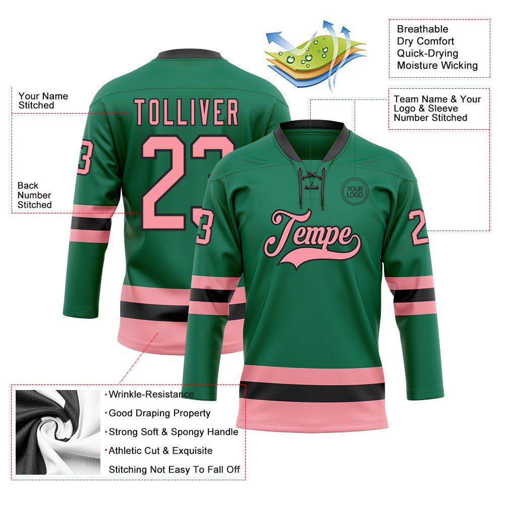 Custom Kelly Green Medium Pink-Black Hockey Lace Neck Jersey view 3