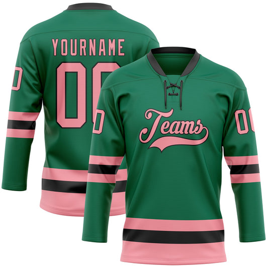 Custom Kelly Green Medium Pink-Black Hockey Lace Neck Jersey - Main View