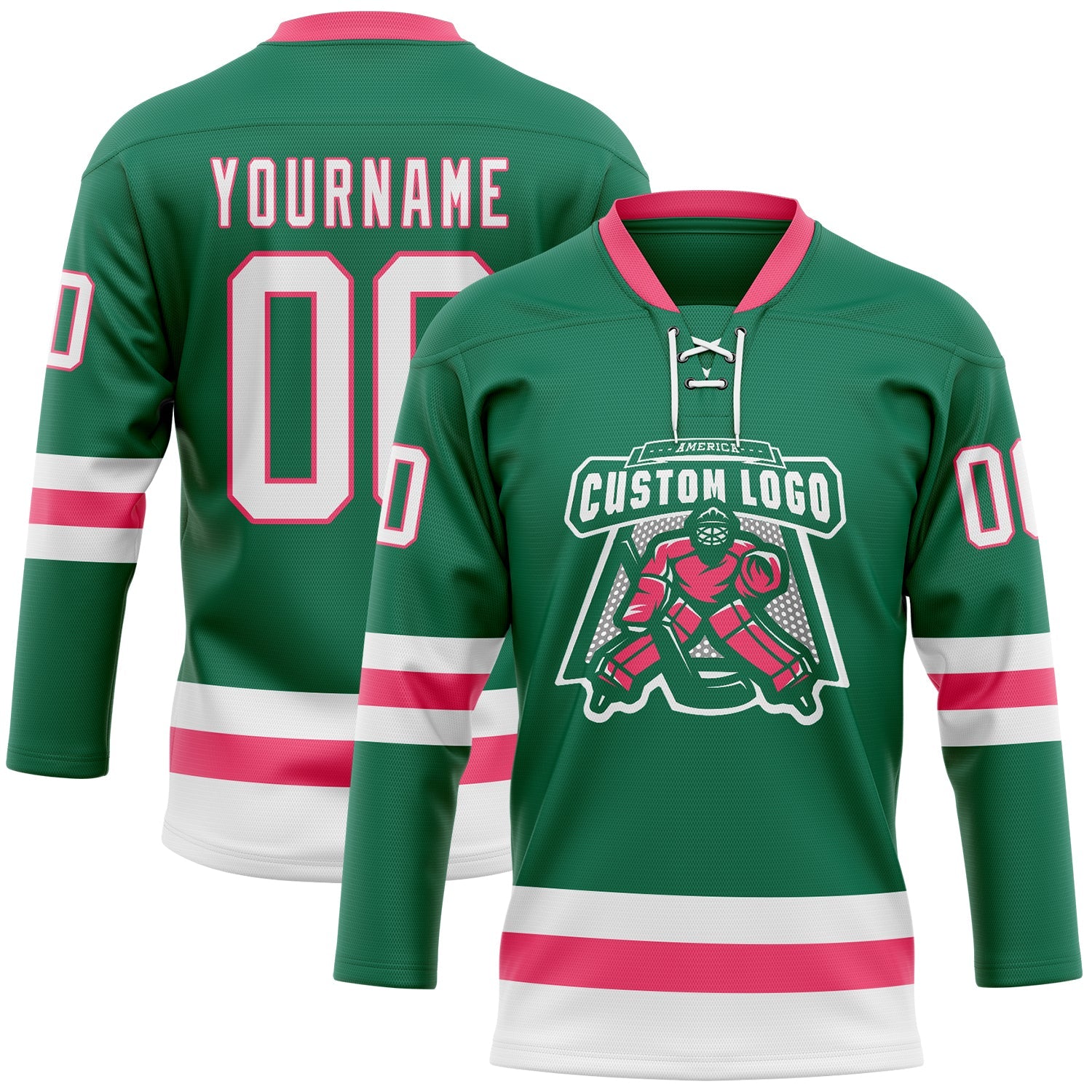 Custom Kelly Green White-Neon Pink Hockey Lace Neck Jersey view 2