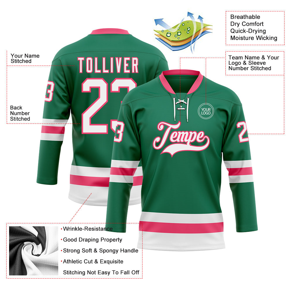 Custom Kelly Green White-Neon Pink Hockey Lace Neck Jersey view 3