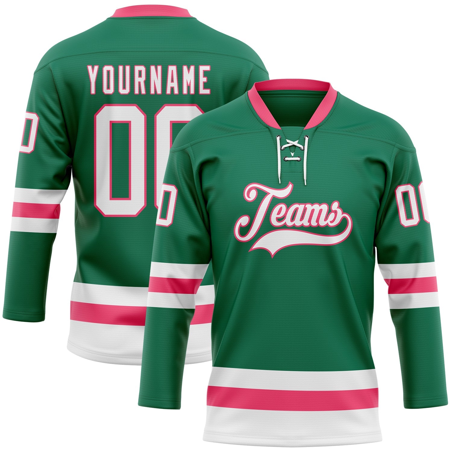 Custom Kelly Green White-Neon Pink Hockey Lace Neck Jersey - Main View