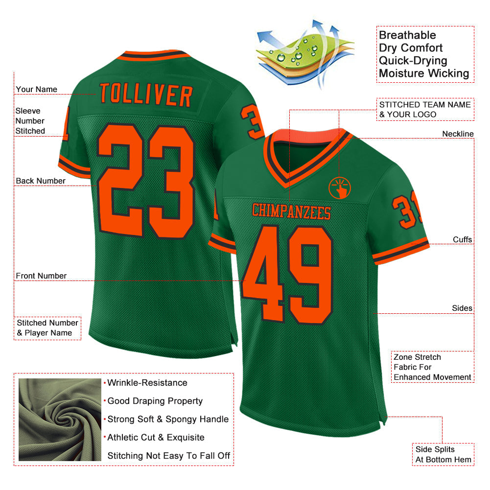 Custom Kelly Green Orange-Black Mesh Authentic Throwback Football Jersey view 2