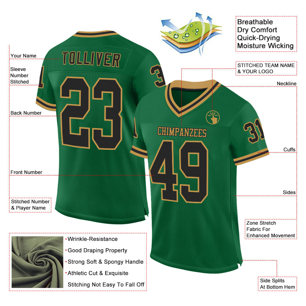 Custom Kelly Green Black-Old Gold Mesh Authentic Throwback Football Jersey view 2