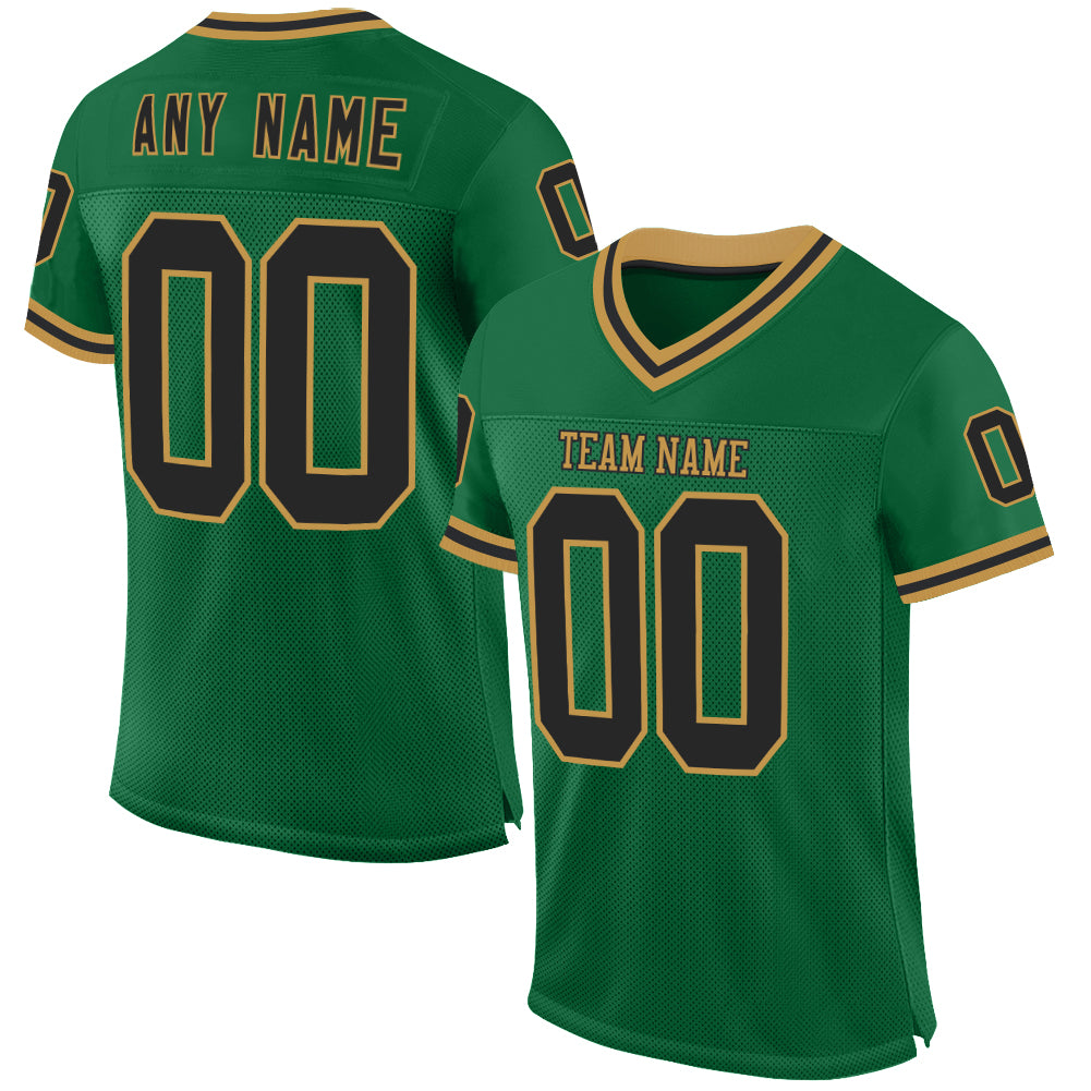 Custom Kelly Green Black-Old Gold Mesh Authentic Throwback Football Jersey - Main View