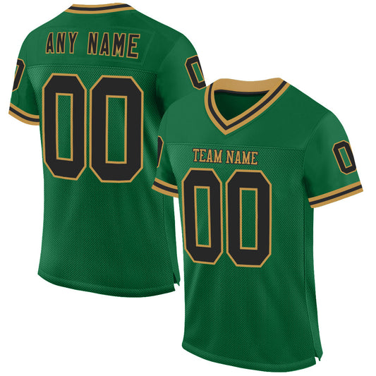 Custom Kelly Green Black-Old Gold Mesh Authentic Throwback Football Jersey - Main View