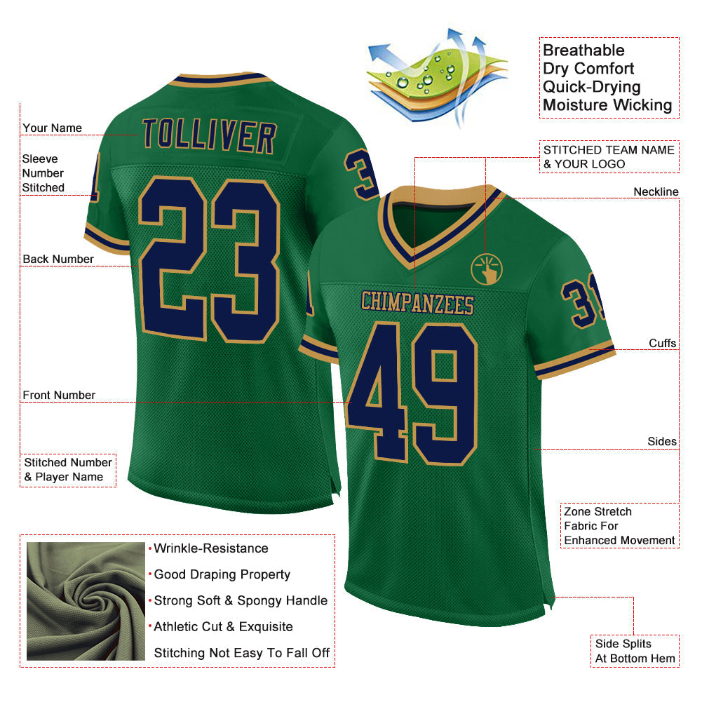 Custom Kelly Green Navy-Old Gold Mesh Authentic Throwback Football Jersey view 2