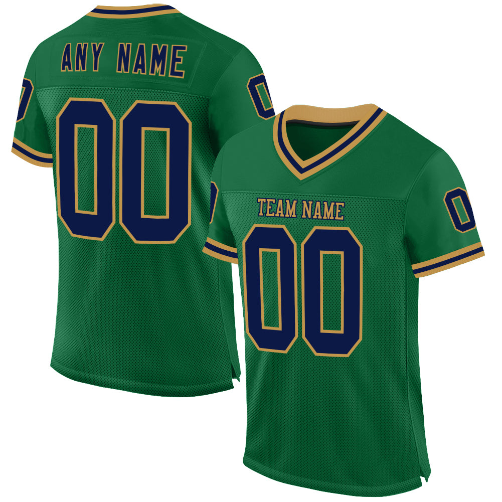 Custom Kelly Green Navy-Old Gold Mesh Authentic Throwback Football Jersey - Main View