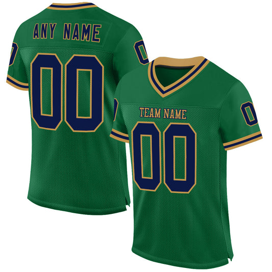 Custom Kelly Green Navy-Old Gold Mesh Authentic Throwback Football Jersey - Main View