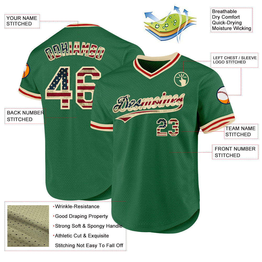 Custom Kelly Green Vintage USA Flag Cream-Red Authentic Throwback Baseball Jersey view 3