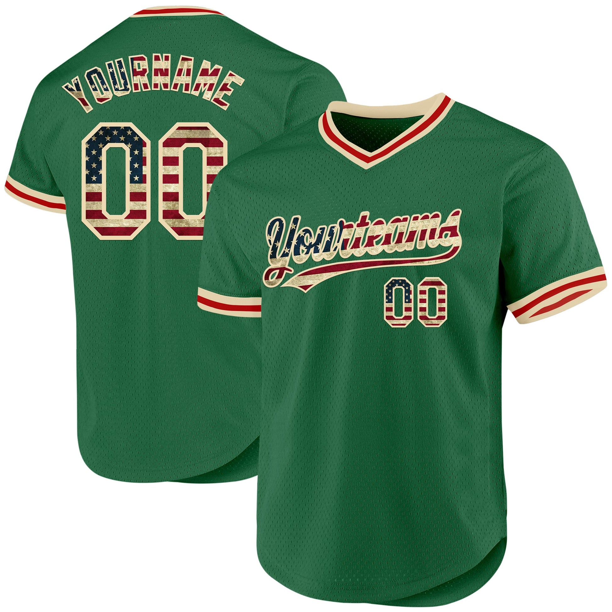 Custom Kelly Green Vintage USA Flag Cream-Red Authentic Throwback Baseball Jersey - Main View