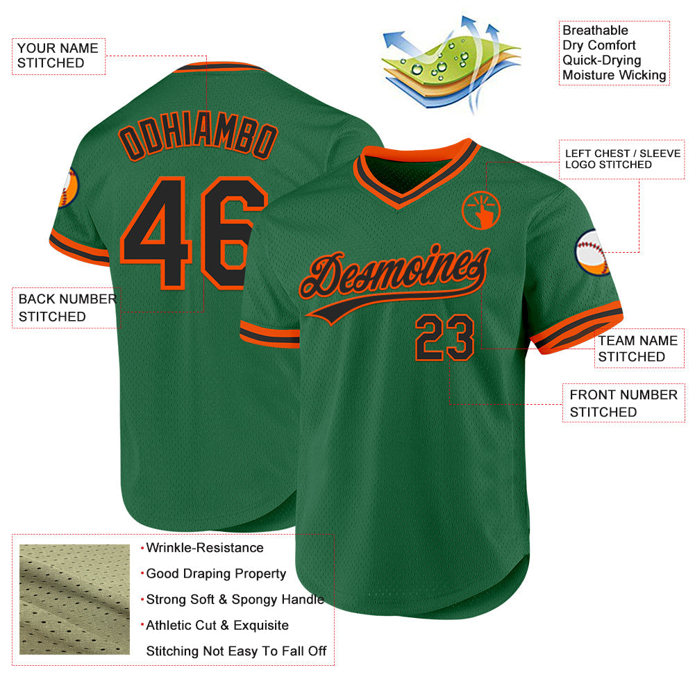 Custom Kelly Green Black-Orange Authentic Throwback Baseball Jersey view 3