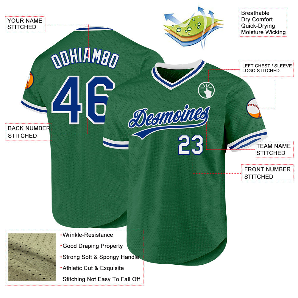 Custom Kelly Green Royal-White Authentic Throwback Baseball Jersey view 3