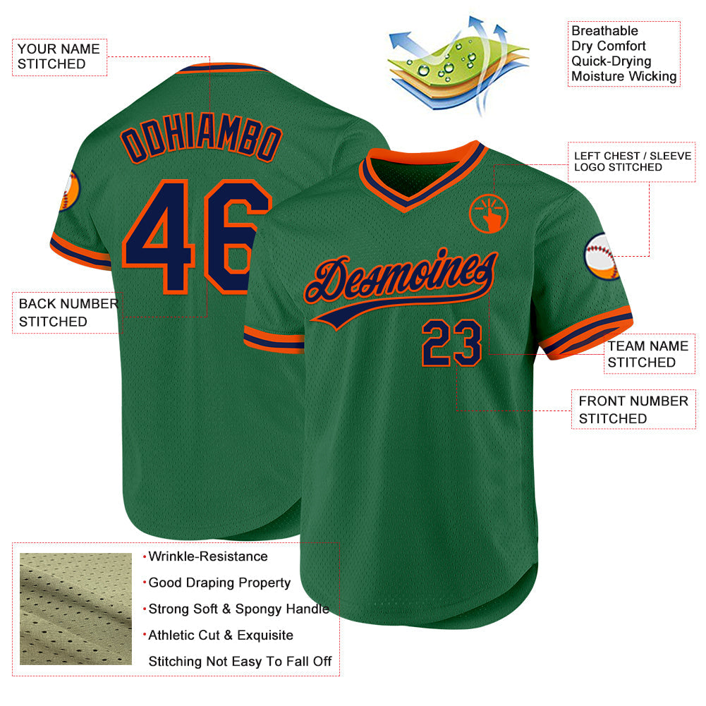 Custom Kelly Green Navy-Orange Authentic Throwback Baseball Jersey view 3