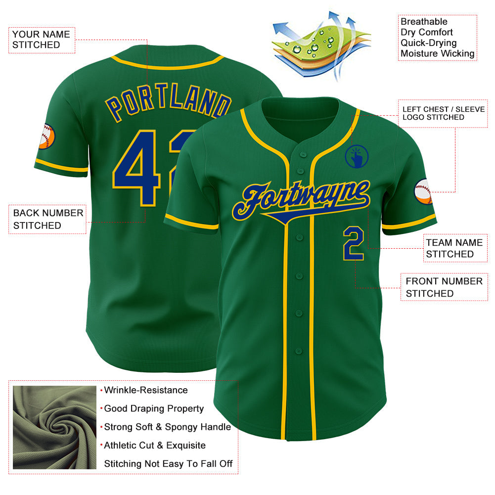 Custom Kelly Green Royal-Yellow Authentic Baseball Jersey view 3