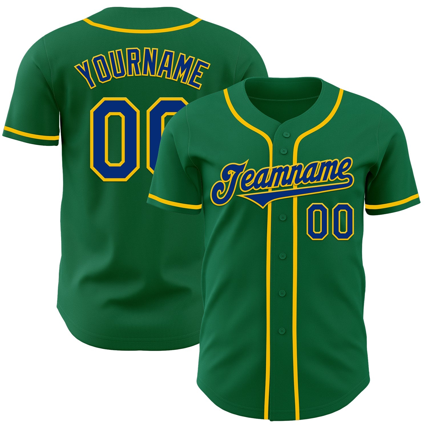 Custom Kelly Green Royal-Yellow Authentic Baseball Jersey - Main View