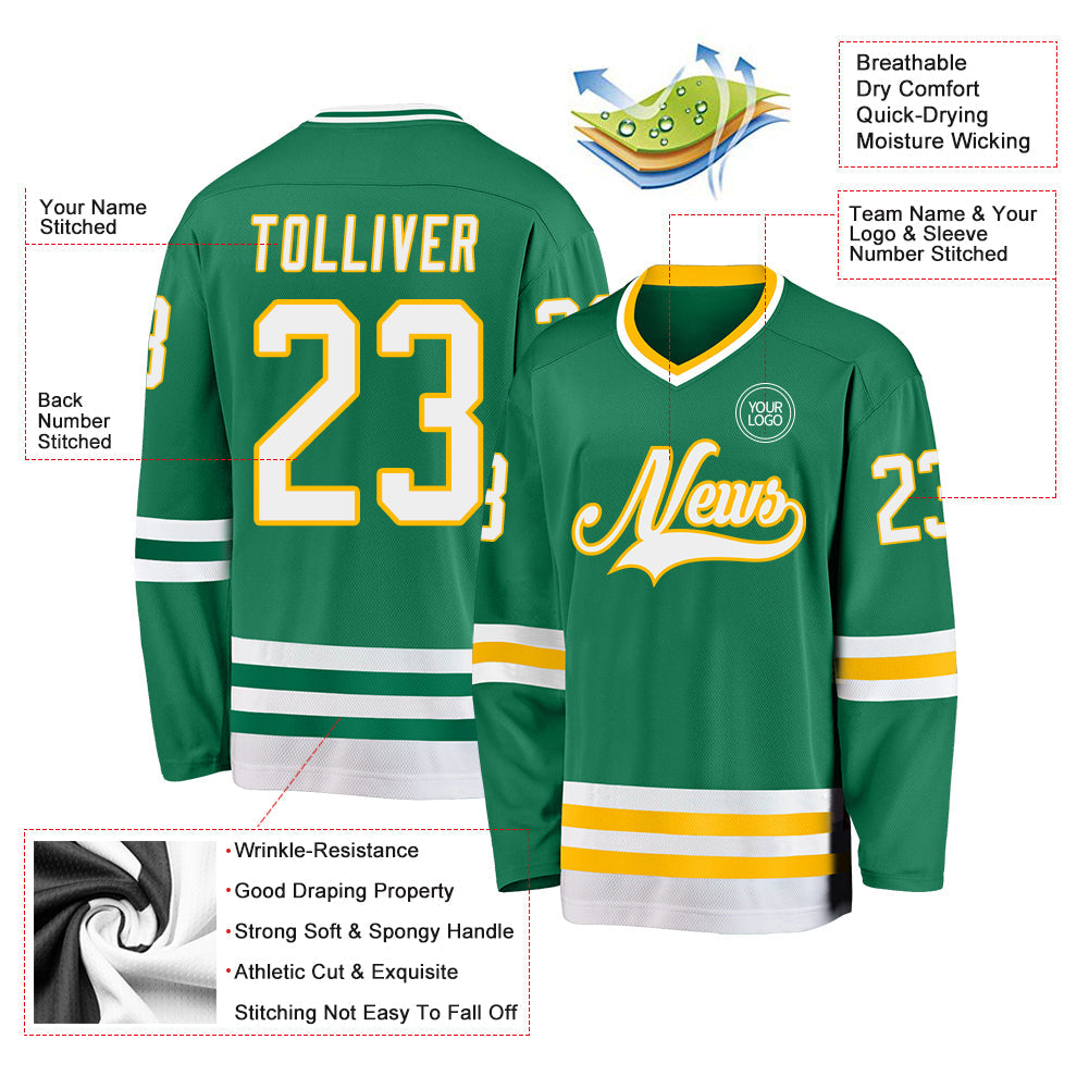 Custom Kelly Green White-Gold Hockey Jersey view 3