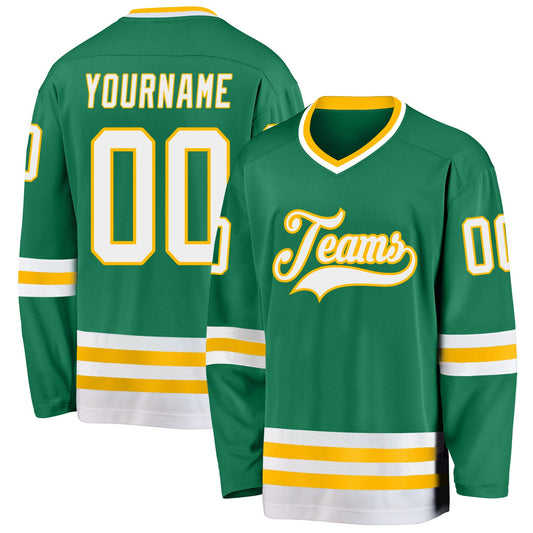 Custom Kelly Green White-Gold Hockey Jersey - Main View
