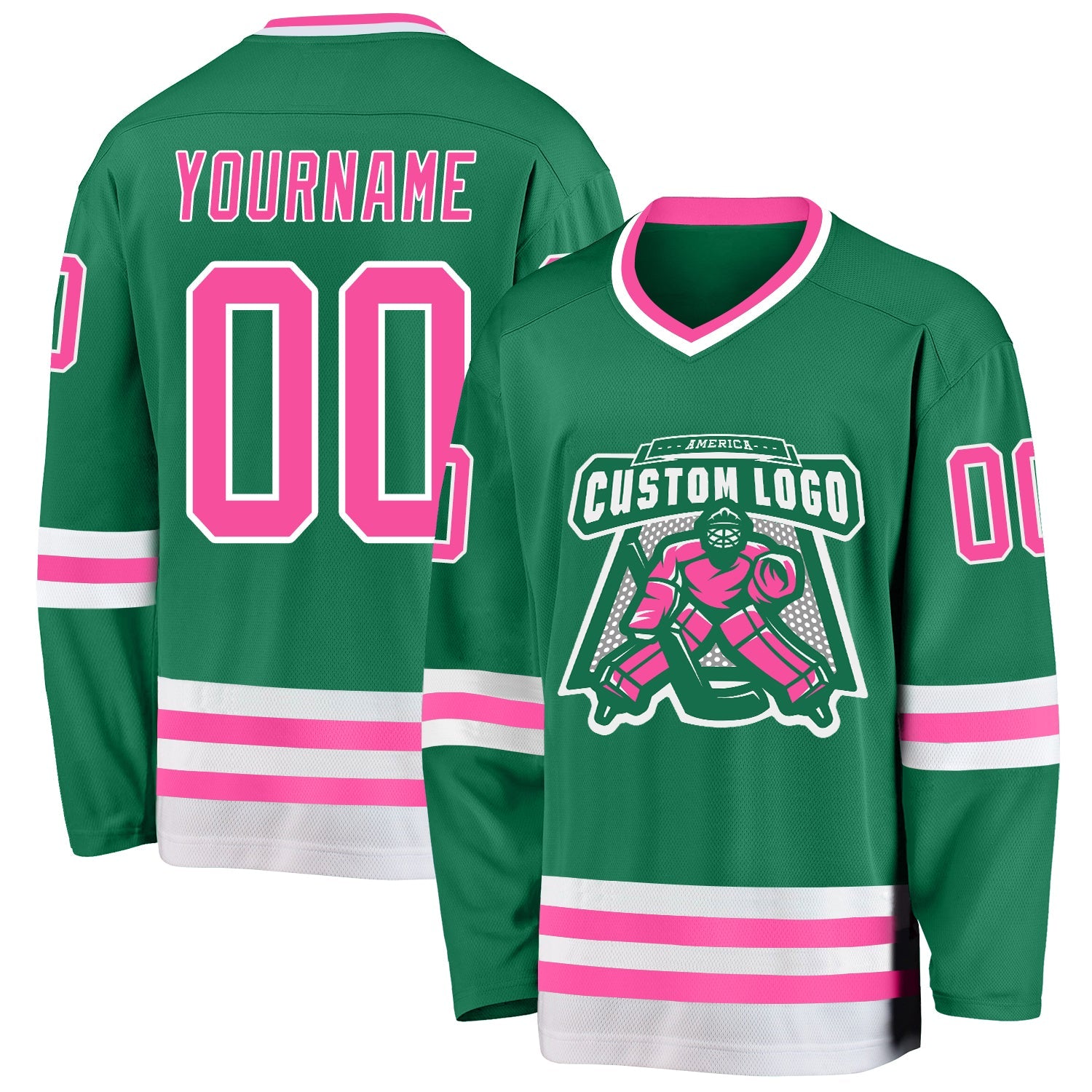 Custom Kelly Green Pink-White Hockey Jersey view 2