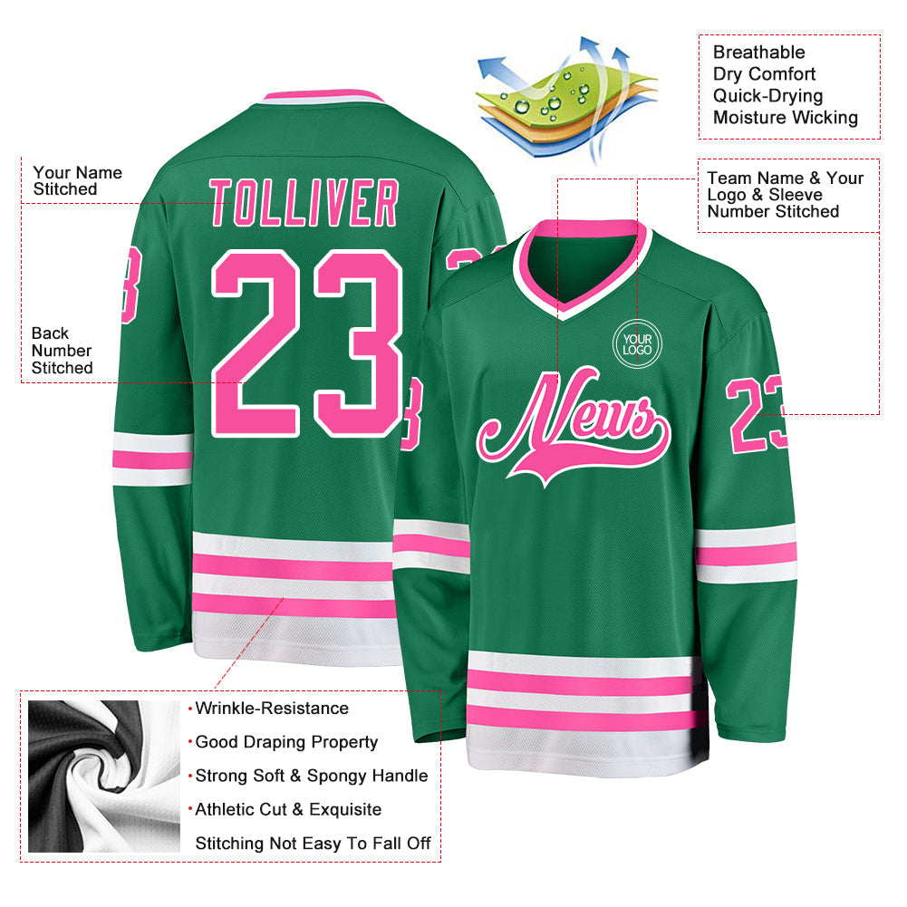 Custom Kelly Green Pink-White Hockey Jersey view 3