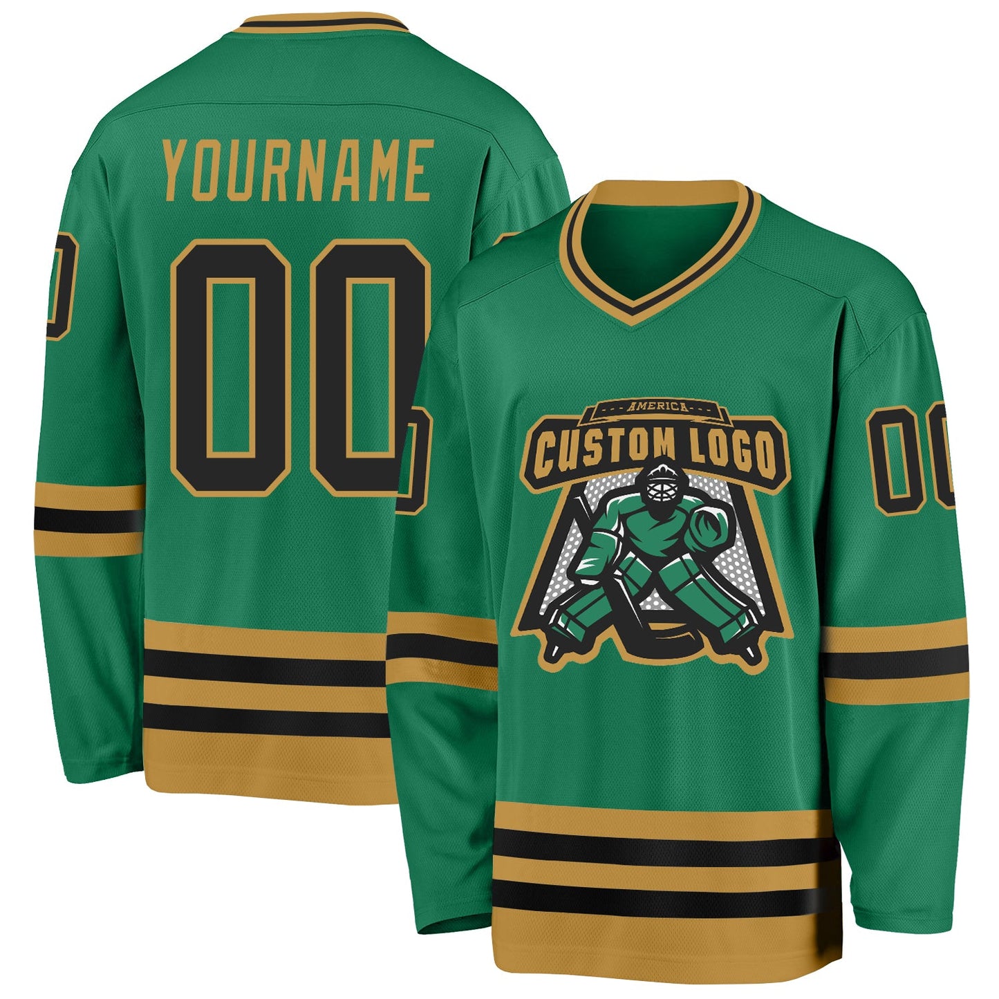 Custom Kelly Green Black-Old Gold Hockey Jersey view 2