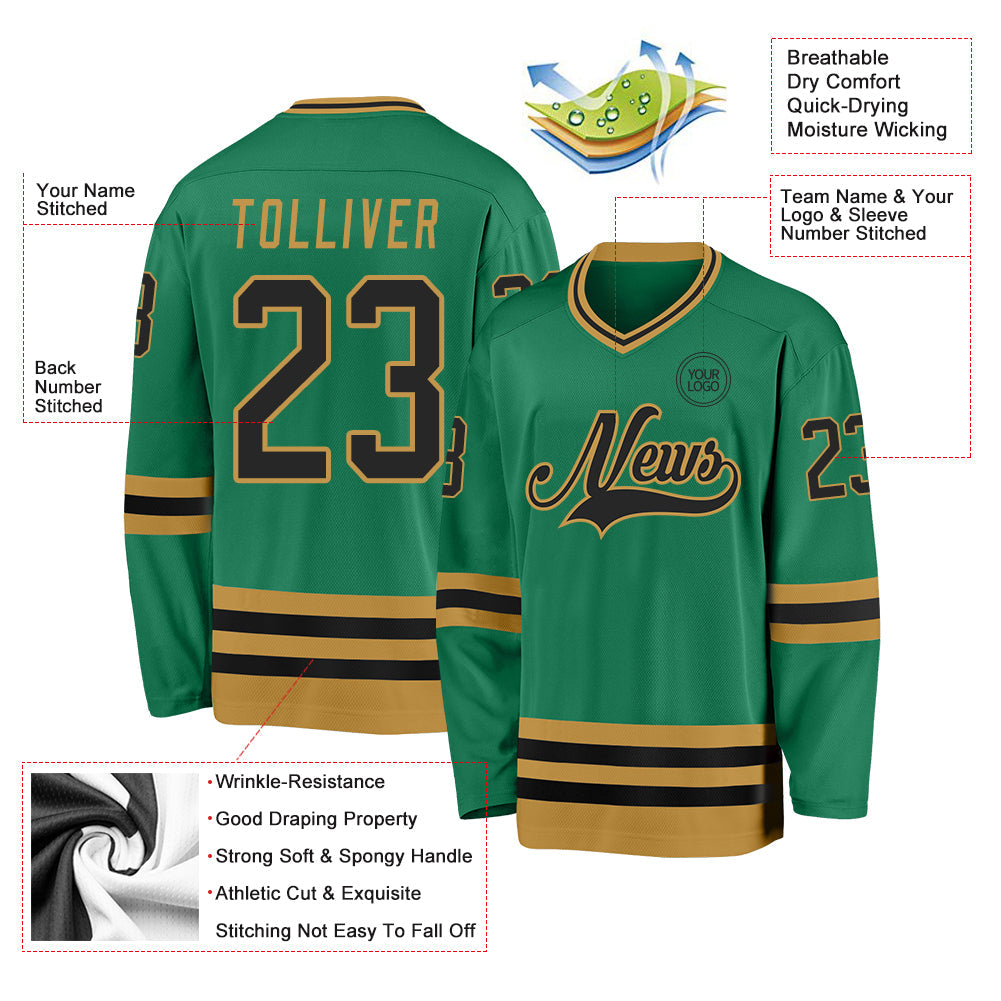 Custom Kelly Green Black-Old Gold Hockey Jersey view 3