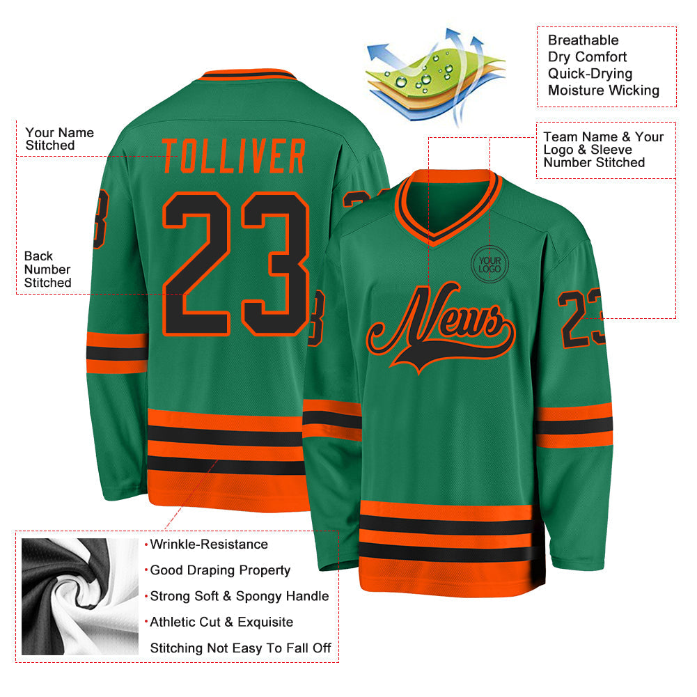 Custom Kelly Green Black-Orange Hockey Jersey view 3