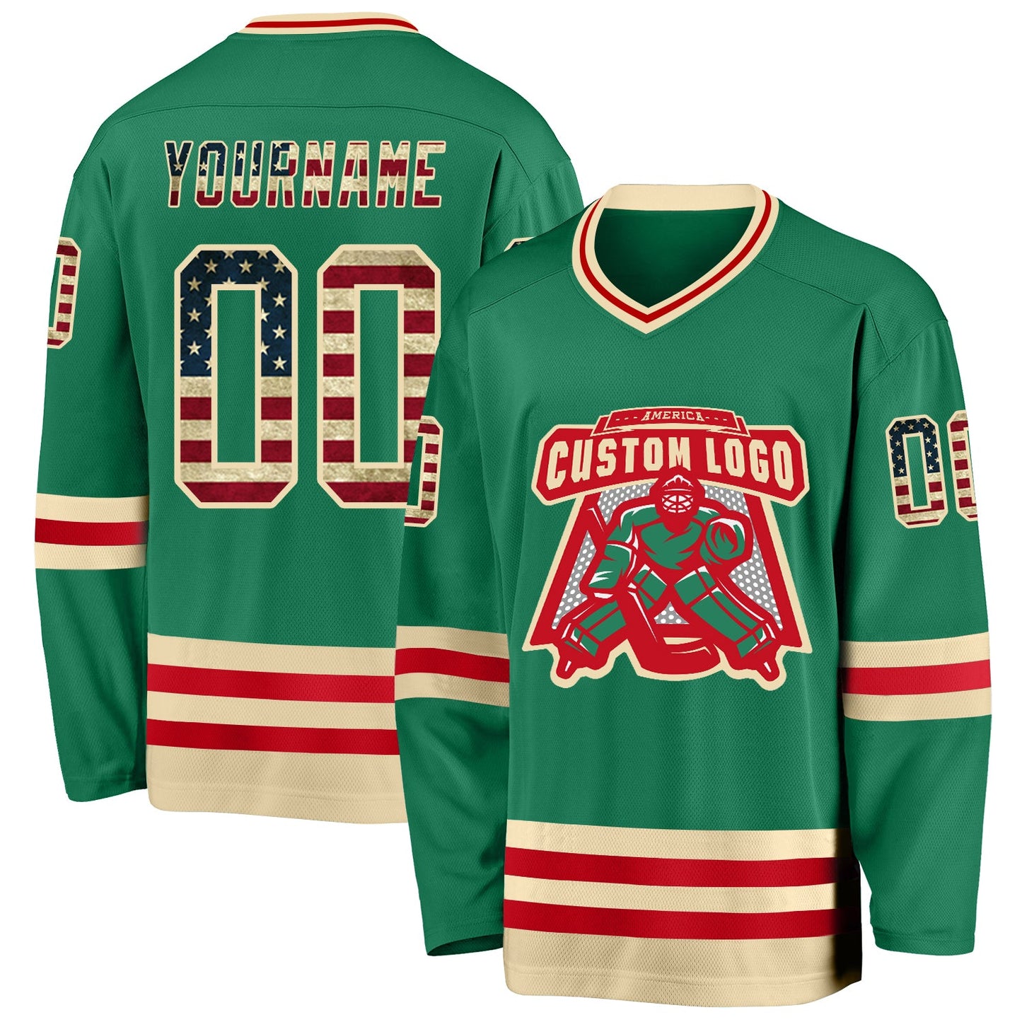 Custom Kelly Green Vintage USA Flag Cream-Red Hockey Jersey view 2