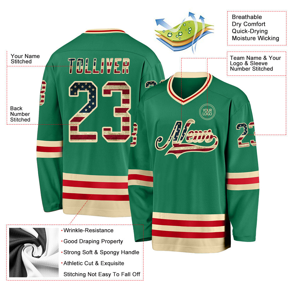 Custom Kelly Green Vintage USA Flag Cream-Red Hockey Jersey view 3