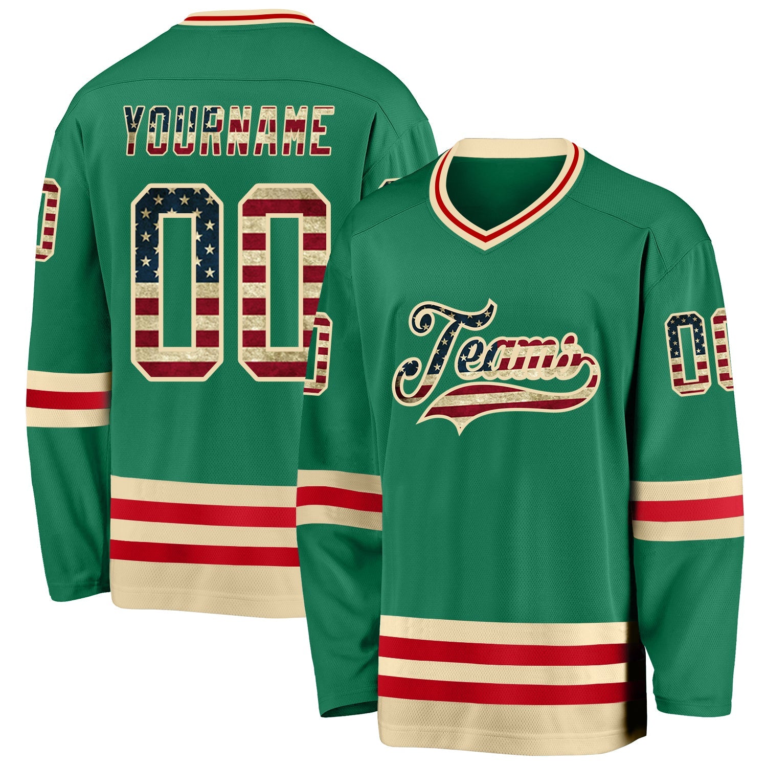Custom Kelly Green Vintage USA Flag Cream-Red Hockey Jersey - Main View