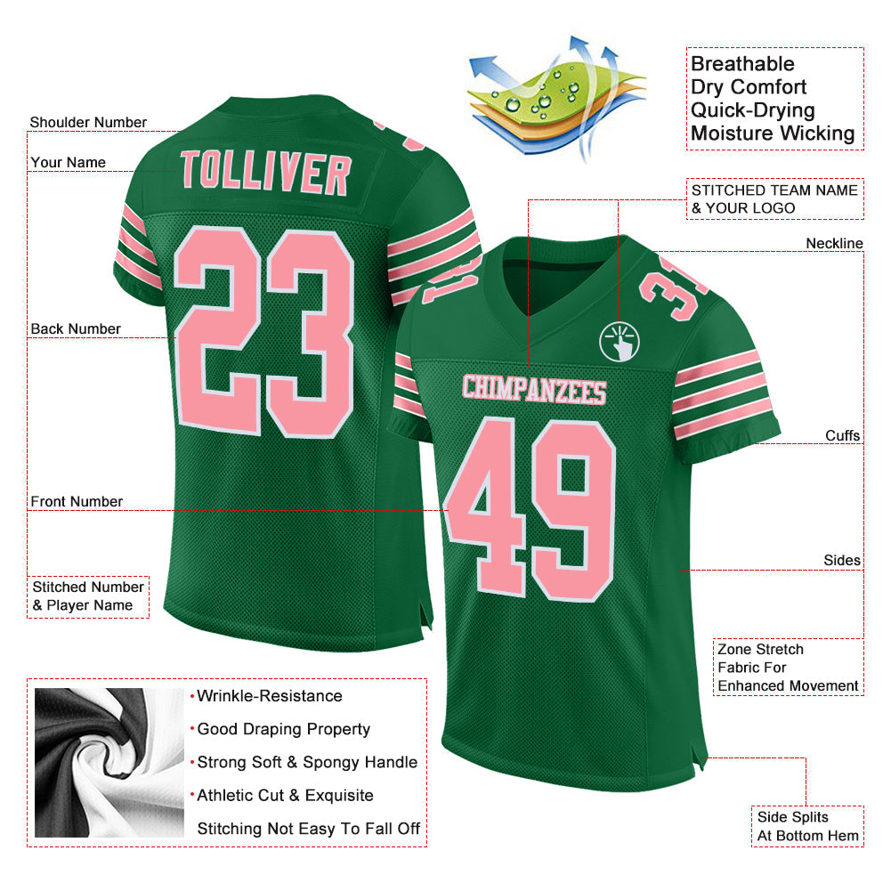 Custom Kelly Green Medium Pink-White Mesh Authentic Football Jersey view 2