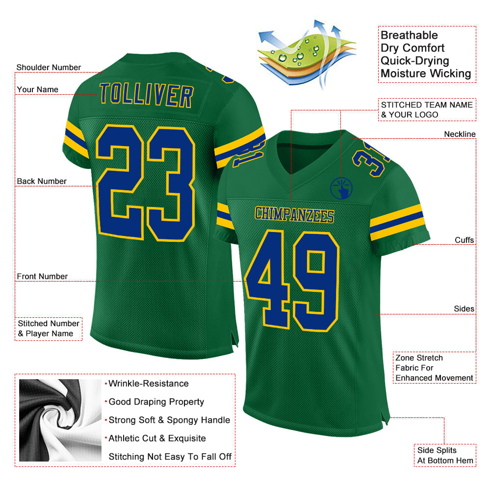 Custom Kelly Green Royal-Yellow Mesh Authentic Football Jersey view 2