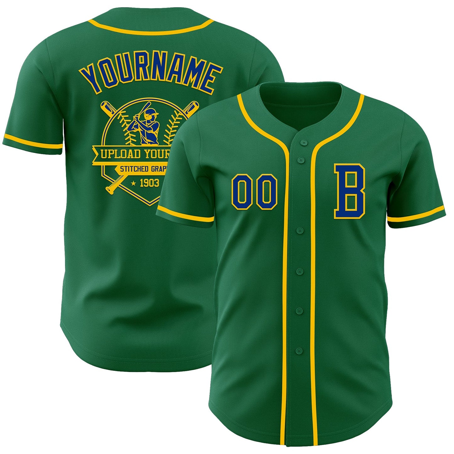Custom Kelly Green Royal-Yellow Authentic Baseball Jersey view 5