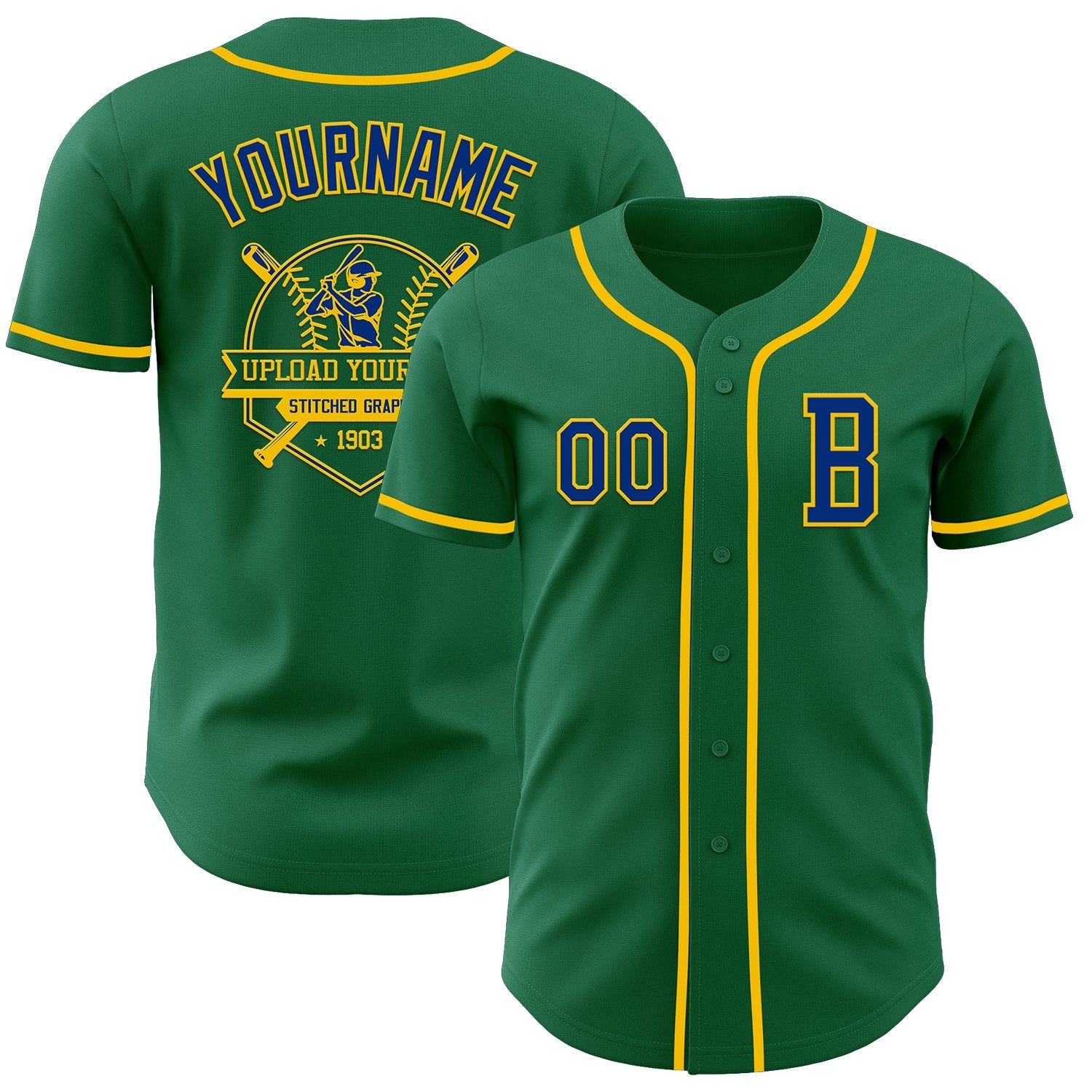 Custom Kelly Green Royal-Yellow Authentic Baseball Jersey view 5