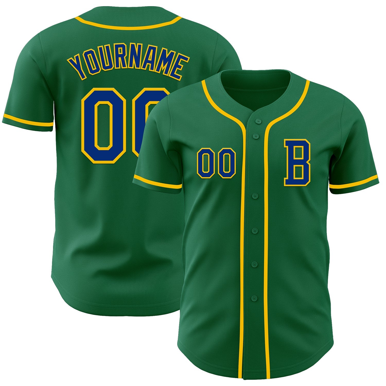 Custom Kelly Green Royal-Yellow Authentic Baseball Jersey - Main View