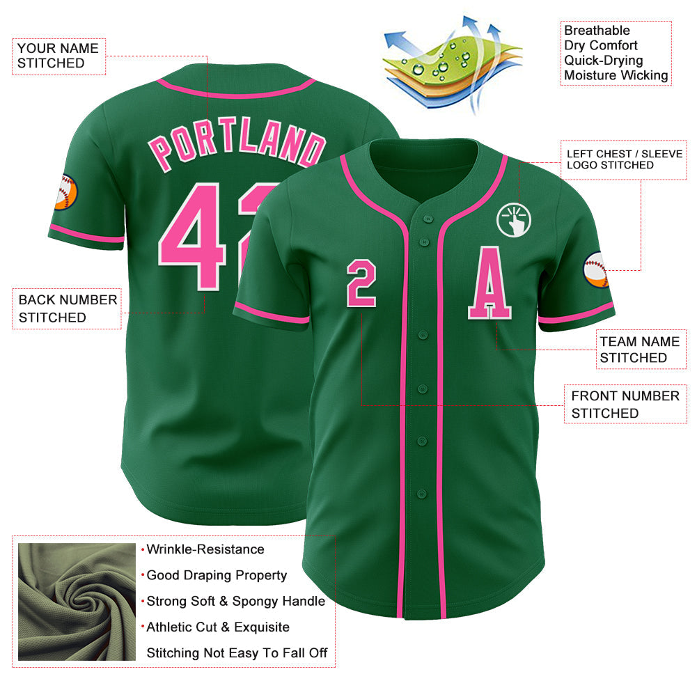 Custom Kelly Green Pink-White Authentic Baseball Jersey view 2