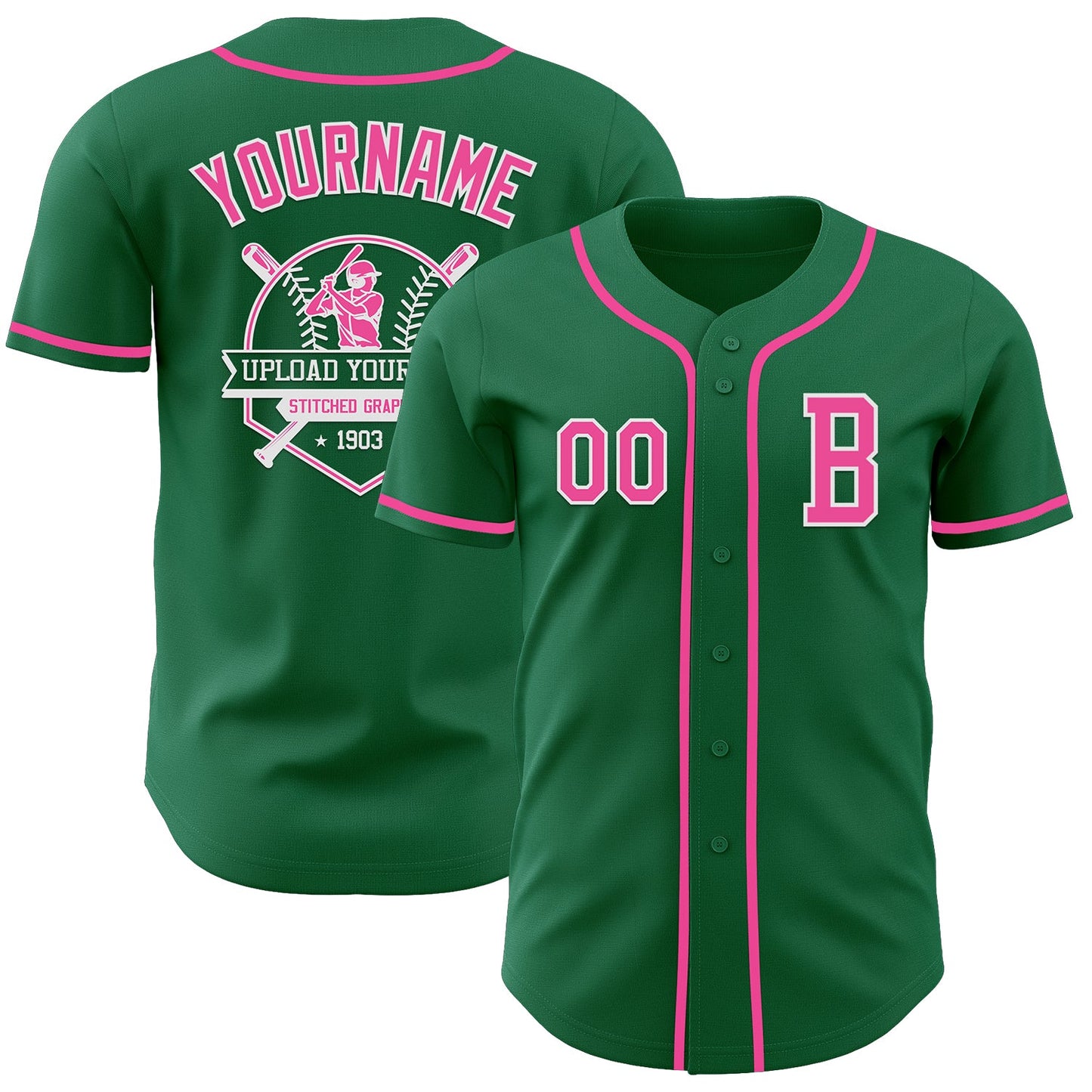 Custom Kelly Green Pink-White Authentic Baseball Jersey view 5