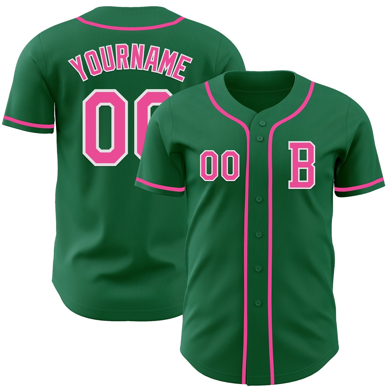 Custom Kelly Green Pink-White Authentic Baseball Jersey - Main View