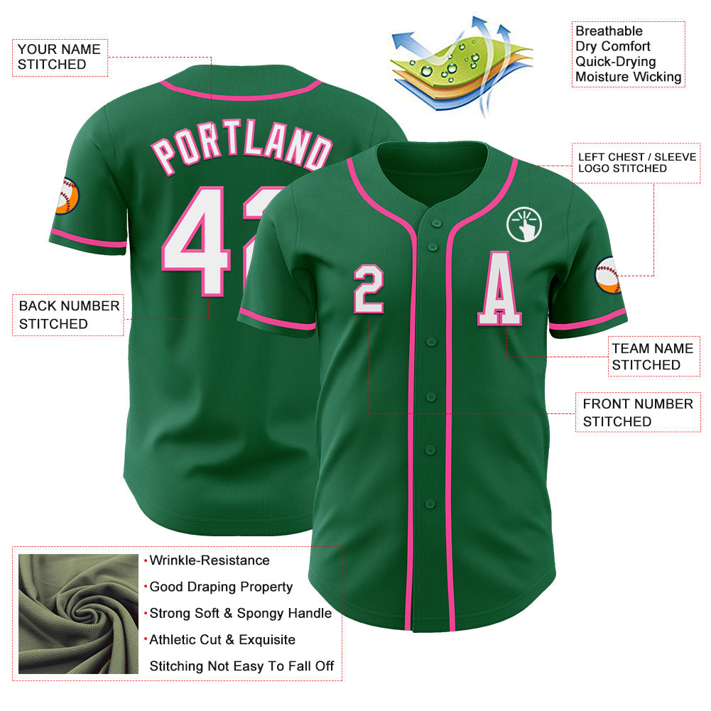 Custom Kelly Green White-Pink Authentic Baseball Jersey view 2