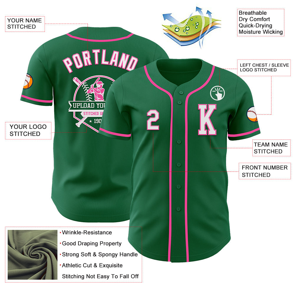 Custom Kelly Green White-Pink Authentic Baseball Jersey view 6