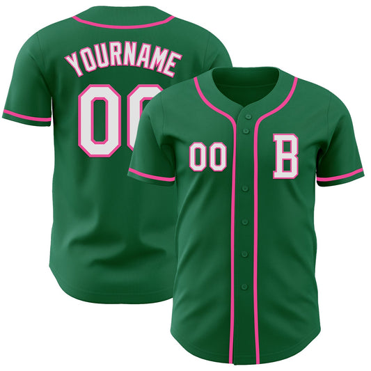 Custom Kelly Green White-Pink Authentic Baseball Jersey - Main View