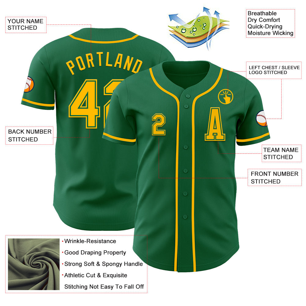 Custom Kelly Green Gold Authentic Baseball Jersey view 2