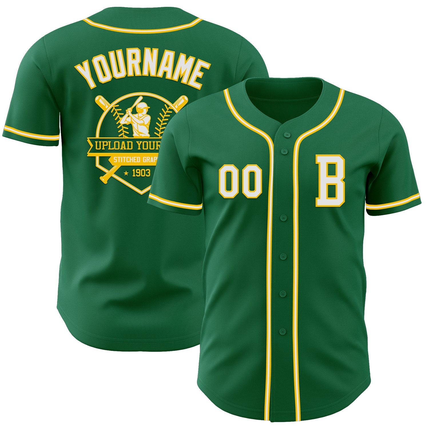 Custom Kelly Green White-Yellow Authentic Baseball Jersey view 5