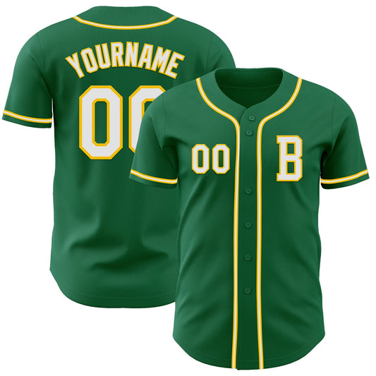 Custom Kelly Green White-Yellow Authentic Baseball Jersey - Main View