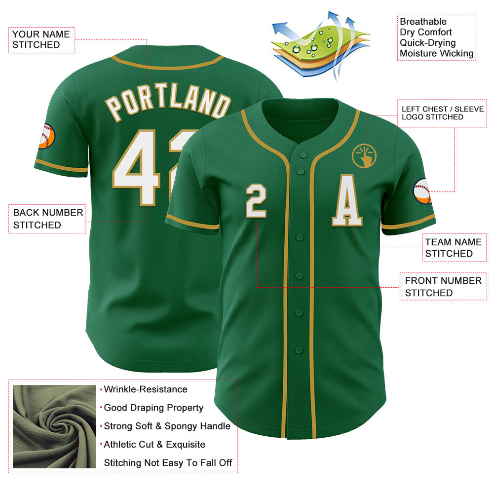 Custom Kelly Green White-Old Gold Authentic Baseball Jersey view 2